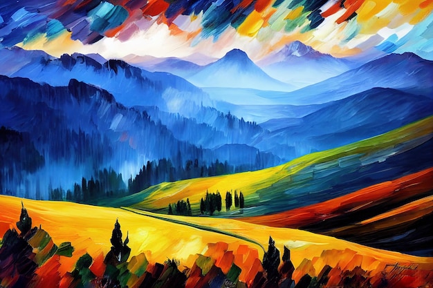 Coucher de soleil dans les montagnes dans l'art de la couleur des Alpes