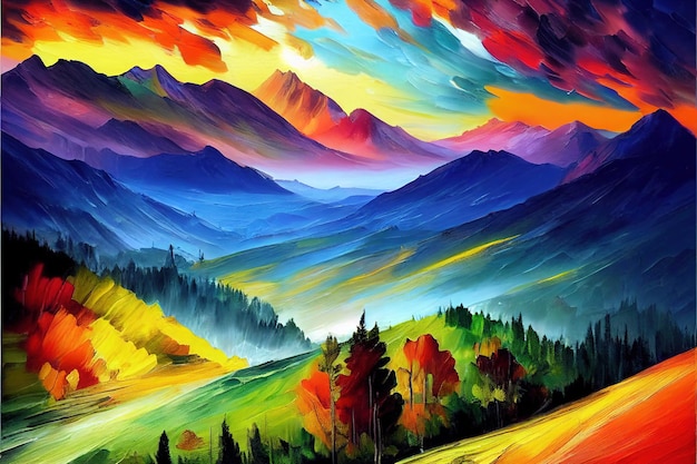Coucher de soleil dans les montagnes dans l'art de la couleur des Alpes