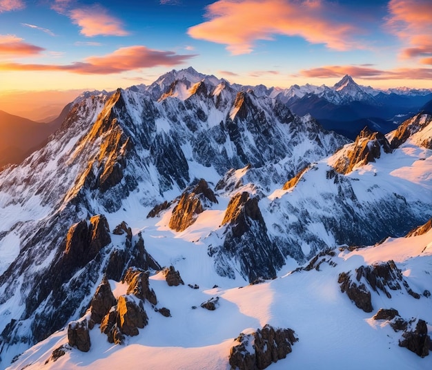 coucher de soleil dans les montagnes enneigées