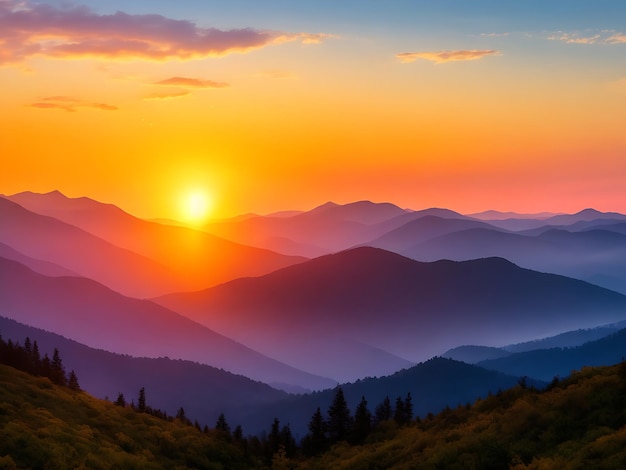 coucher de soleil dans les montagnes généré par l'IA