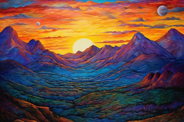 Le coucher de soleil dans les montagnes Paysage coloré Peinture numérique