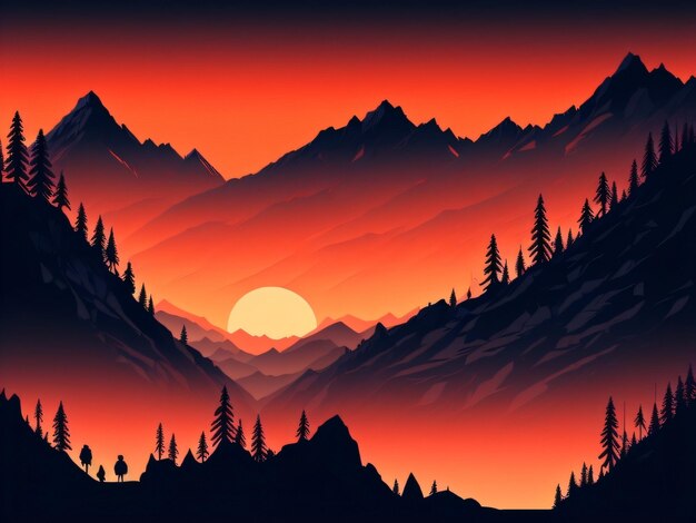 Coucher de soleil dans les montagnes, rouge et orange