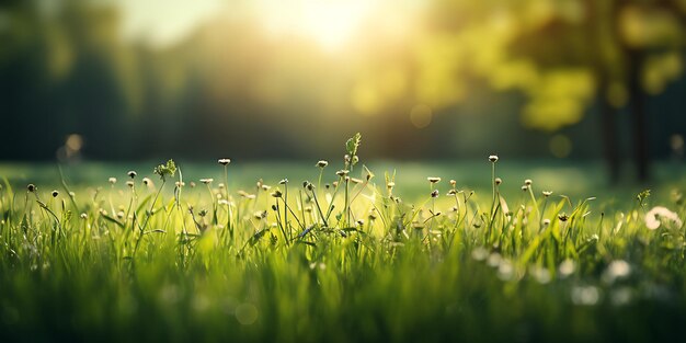 Le coucher de soleil dans la prairie avec des pissenlets et de l'herbe verte