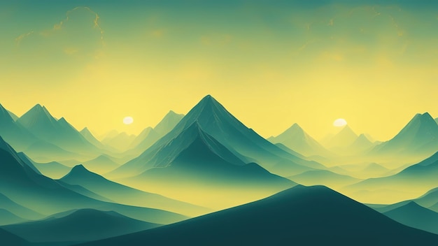 Coucher de soleil dans les vagues de l'océan comme illustration de style vintage Papier peint de luxe avec des montagnes et des collines dans le style de ligne