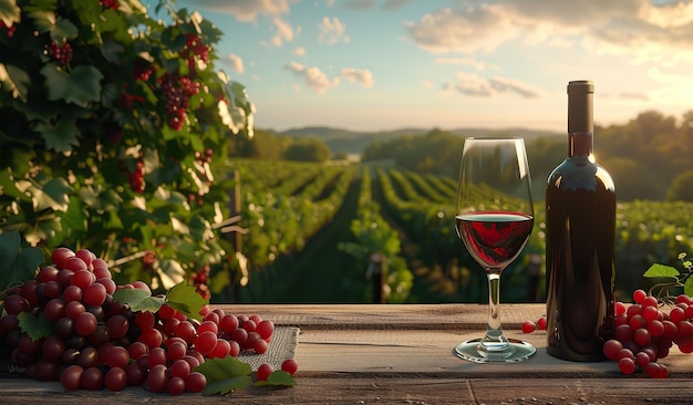Le coucher de soleil dans le vignoble avec des raisins de vin rouge et une table en bois rustique