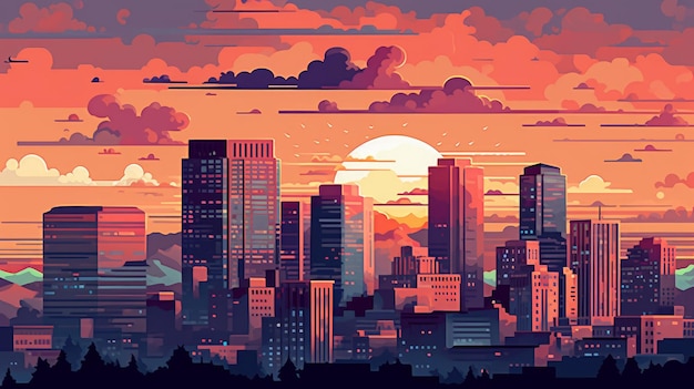 Le coucher de soleil de Denver dans les années 1810 Un gros plan de pixel art