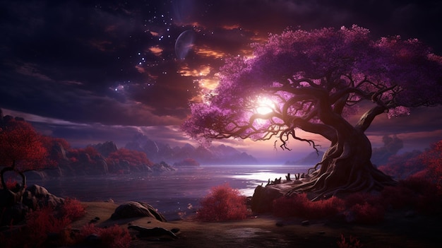 Le coucher de soleil derrière l'arbre fond de ciel violet papier peint généré par l'IA image