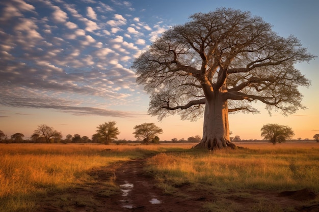 Coucher de soleil derrière un baobab solitaire dans la savane créé avec une IA générative