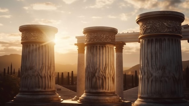 Le coucher de soleil derrière les colonnes de l'ancien temple grec