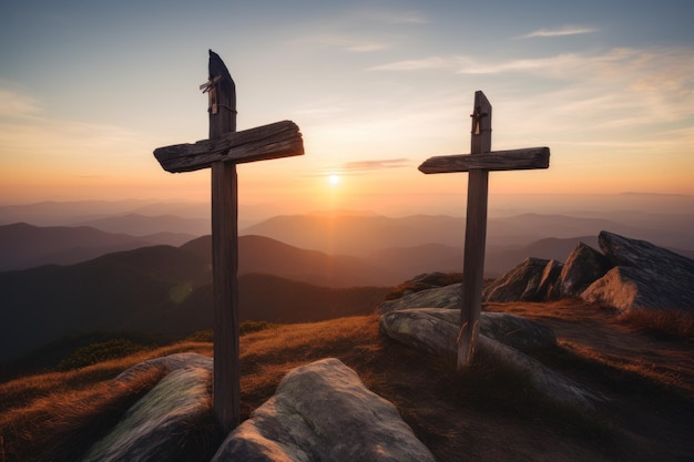 Le coucher de soleil derrière les croix de bois sur le sommet de la montagne