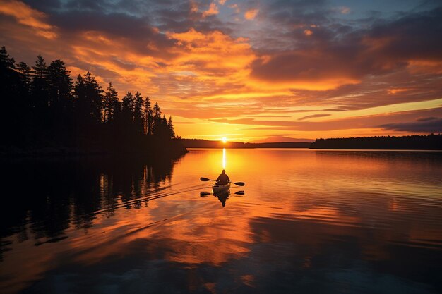 Le coucher de soleil derrière la silhouette d'un kayakiste solitaire sur un lac tranquille