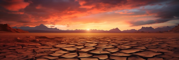 Un coucher de soleil sur un désert fissuré quelque part sur Terre en raison du manque d'eau et de la hausse des températures de l'air causées par le réchauffement climatique