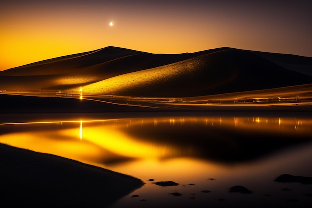 Un coucher de soleil sur un désert avec une lune et une lumière dans le ciel