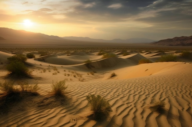Un coucher de soleil sur le désert avec des montagnes en arrière-plan