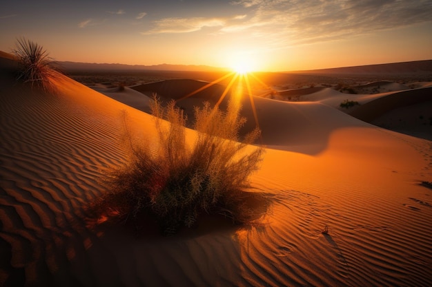 Photo coucher de soleil sur le désert avec le soleil se couchant sur une crête de dunes de sable créées avec une ia générative