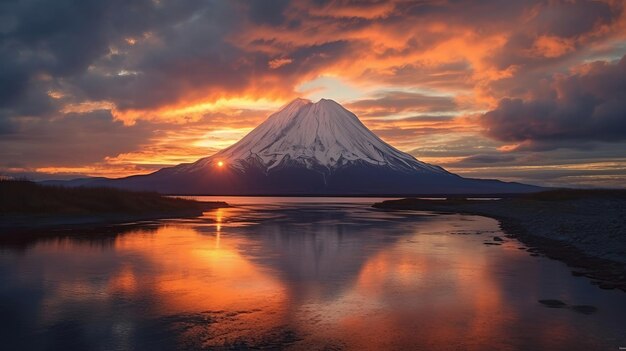 Coucher de soleil désorientant sur la montagne et le lac Ressource créative générée par l'IA