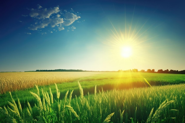 Coucher de soleil doré sur un champ d'herbe verdoyant AI générative