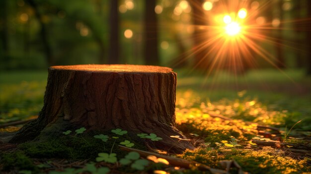 Un coucher de soleil doré derrière une souche d'arbre dans une forêt sereine