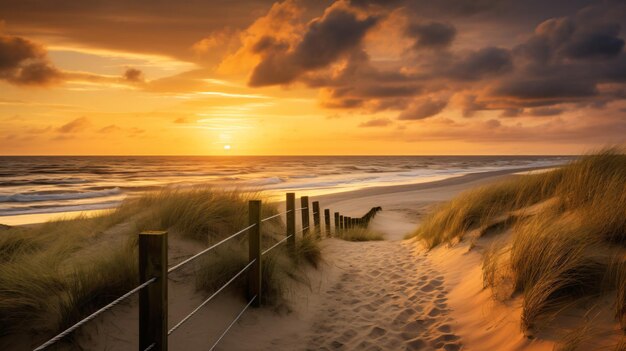 Photo le coucher de soleil doré éclaire la route vers la mer du nord