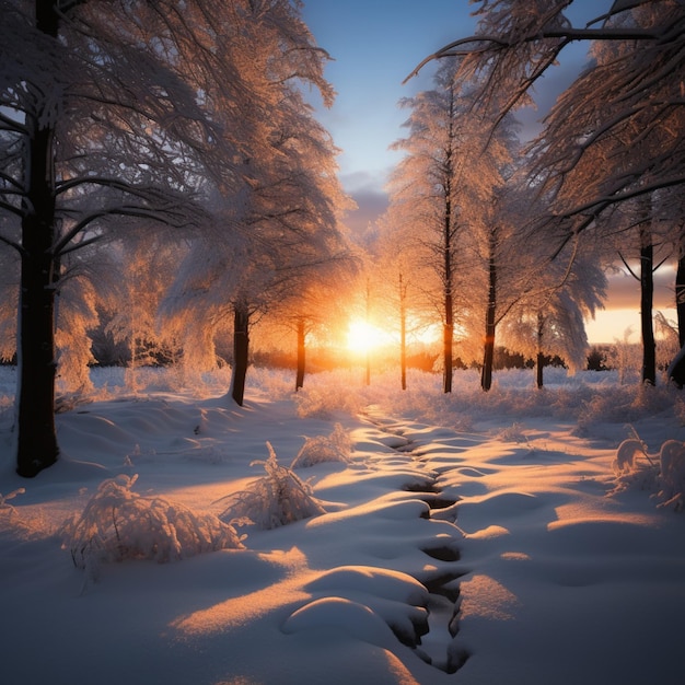 Coucher de soleil doré d'hiver dans la forêt, un moment de beauté sereine