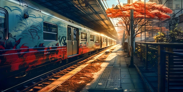 Le coucher de soleil doré sur la ligne de train urbaine avec des arbres d'automne