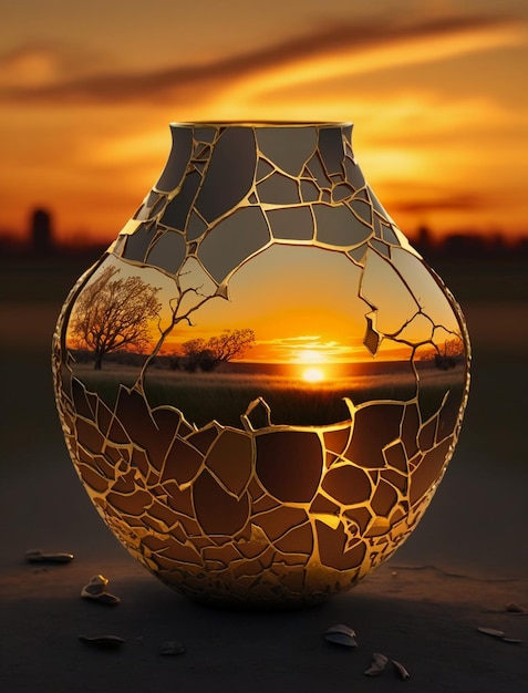 Un coucher de soleil doré se reflétant sur les morceaux brisés d'un bocal.