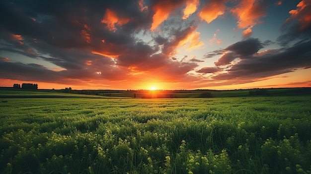 Le coucher de soleil du champ vert avec le ciel Génératif Ai