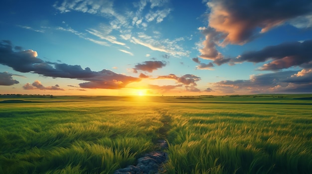 Le coucher de soleil du champ vert avec le ciel Génératif Ai