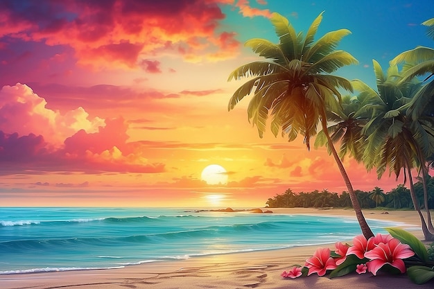 Le coucher de soleil du paradis de la plage tropicale