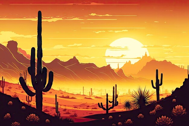 Photo coucher de soleil du soir sur un paysage désertique avec des cactus et des dunes de sable ai génératif