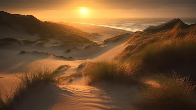 Coucher de soleil sur les dunes avec le coucher de soleil sur l'océan