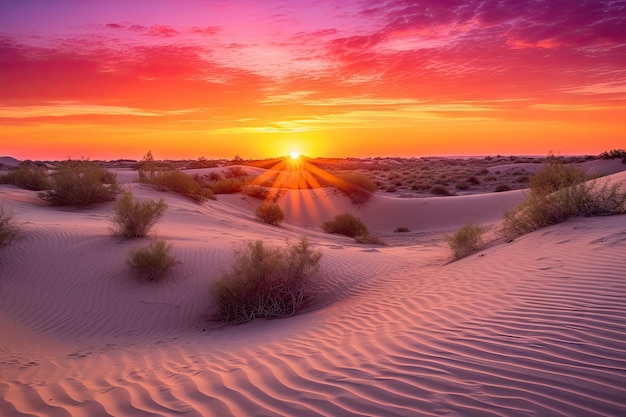 Coucher de soleil sur les dunes du désert avec un éclat d'orange et de rose à l'horizon créé avec une IA générative