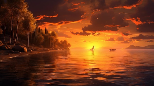 Un coucher de soleil sur l'eau avec un coucher d'eau doré