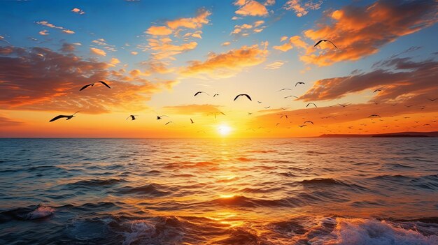 Le coucher de soleil sur l'eau avec des oiseaux volant contre la lumière du soleil sur la mer Méditerranée