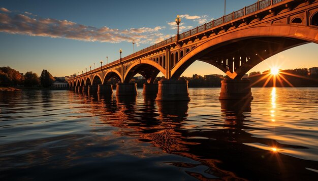 Photo le coucher de soleil sur l'eau reflétant le pont fait par l'homme beauté générée par l'ia