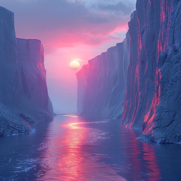 un coucher de soleil sur l'eau avec le soleil couchant derrière les falaises