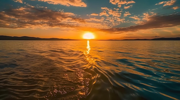 Un coucher de soleil sur l'eau avec le soleil se couchant sur l'eau