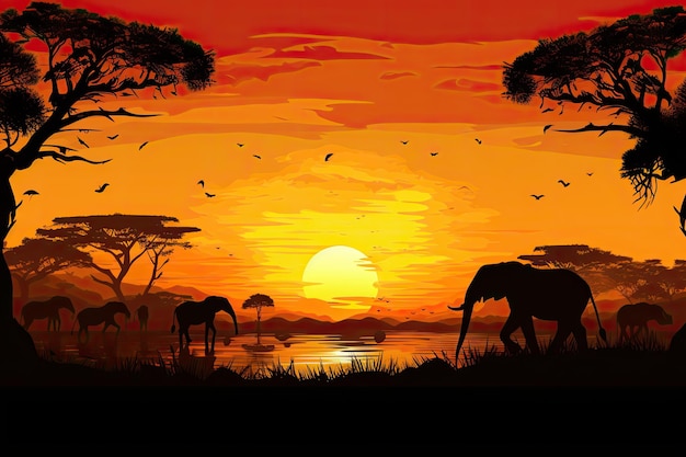 Un coucher de soleil avec des éléphants et un couché de soleil en arrière-plan