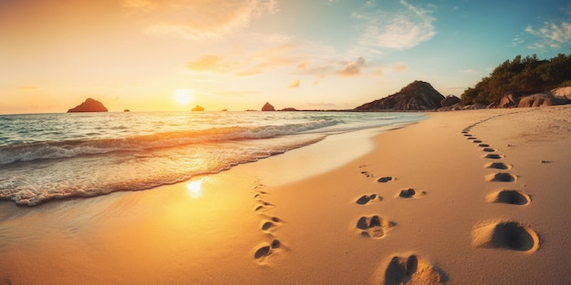 Un coucher de soleil avec des empreintes de pas dans le sable