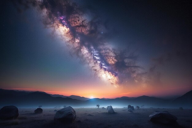 Le coucher de soleil épique et les étoiles de la voie lactée La spiritualité et la tranquillité du paysage