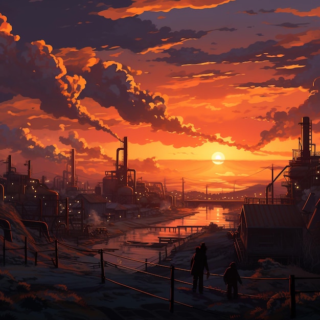 un coucher de soleil épique et une usine de fumée