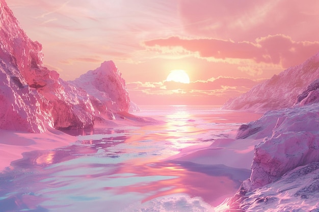 Un coucher de soleil est au-dessus de l'eau et le ciel est rose et violet