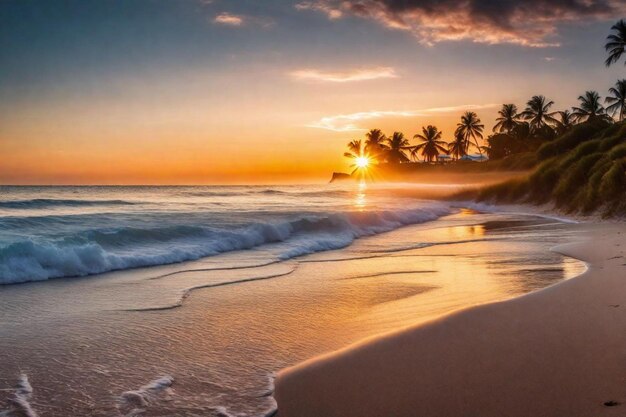 Un coucher de soleil est sur la plage et le soleil se couche