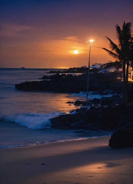 un coucher de soleil est vu à la plage avec une lumière dessus