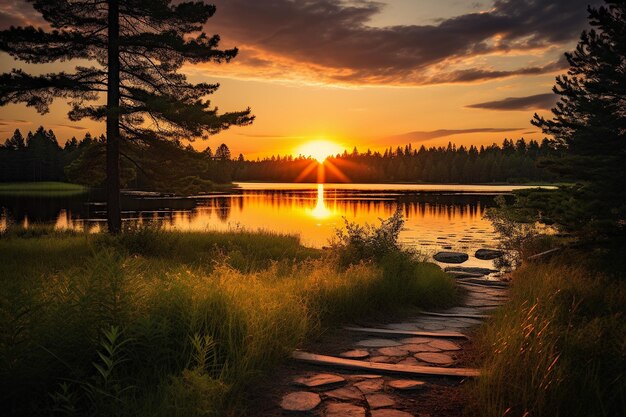 Le coucher de soleil sur un étang paisible avec des lys