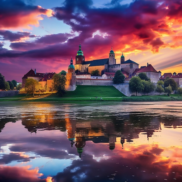 Un coucher de soleil fascinant sur l'ancienne ville de Cracovie avec le château de Wawel