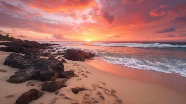 Coucher de soleil fascinant sur la barrière de corail sur la plage de sable