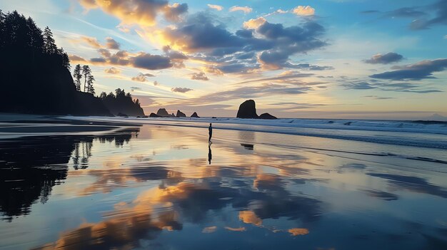 Un coucher de soleil fascinant transforme le ciel en un caléidoscope de teintes vibrantes reflétant son chef-d'œuvre sur les eaux tranquilles en dessous Une figure solitaire se promène le long du rivage embrassant le