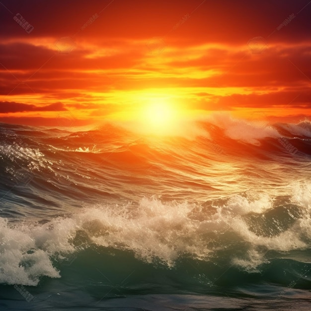 Coucher de soleil sur les fonds des vagues de l'océan