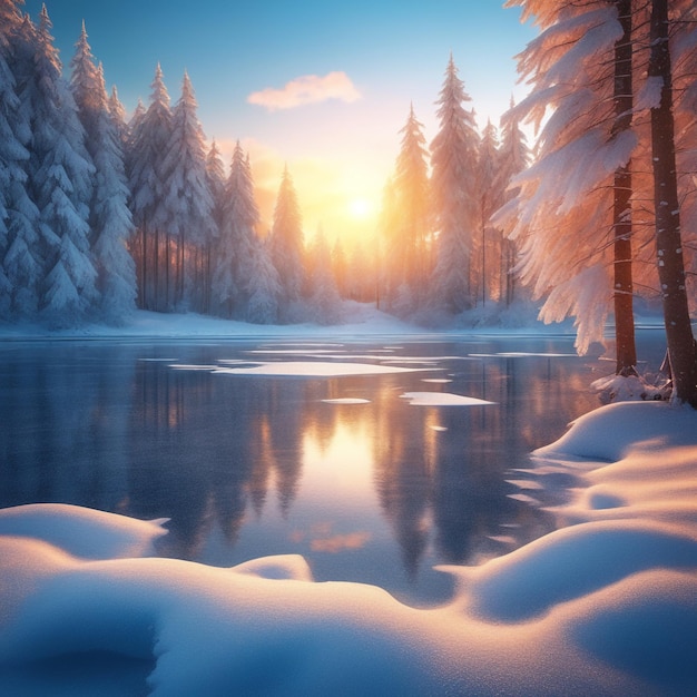 Photo le coucher de soleil de la forêt d'hiver et les flocons de neige gelés coucher de soleil sur le fond bleu du ciel